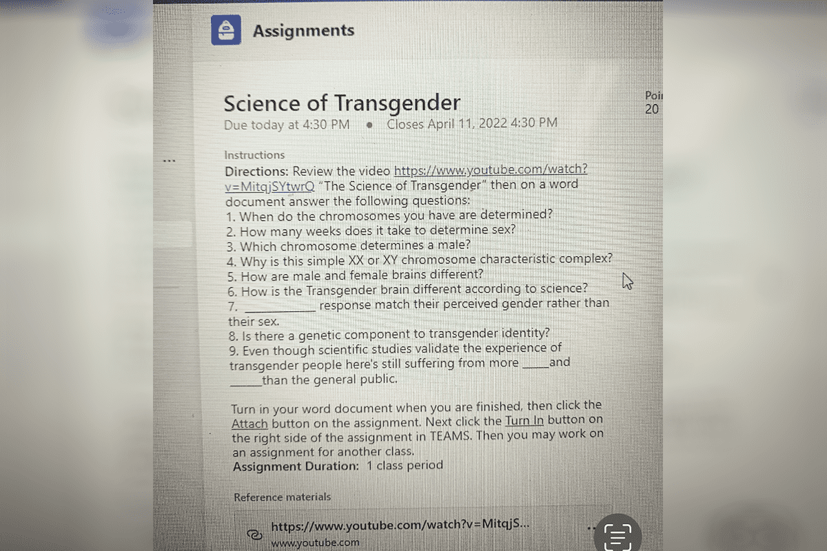 "Science of Transgender" assignment at Fletcher Middle School (FCV)