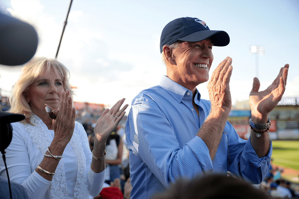 Former Second Lady of the United States Jill Biden and former Vice President of the United States Joe Biden at the Fourth of July Iowa Cubs game at Principal Park in Des Moines, Iowa (Gage Skidmore).