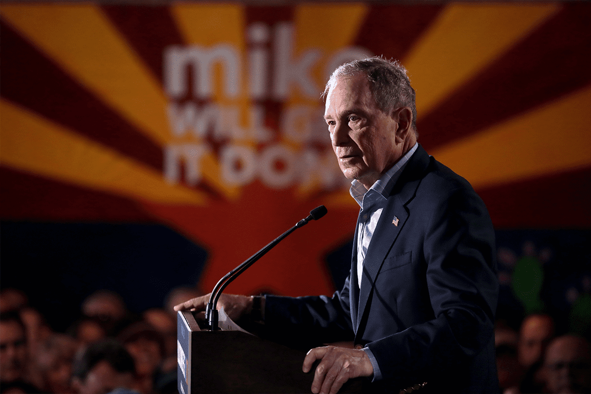 Former Mayor Mike Bloomberg speaking with supporters at a campaign rally at Warehouse 215 at Bentley Projects in Phoenix, Arizona (Gage Skidmore).