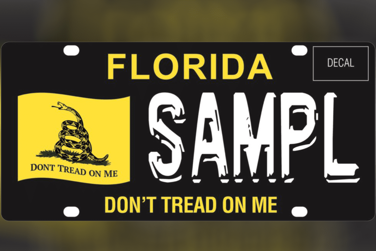 "Don't Tread on Me' Florida license plate available for pre-purchase at a local tax collector.