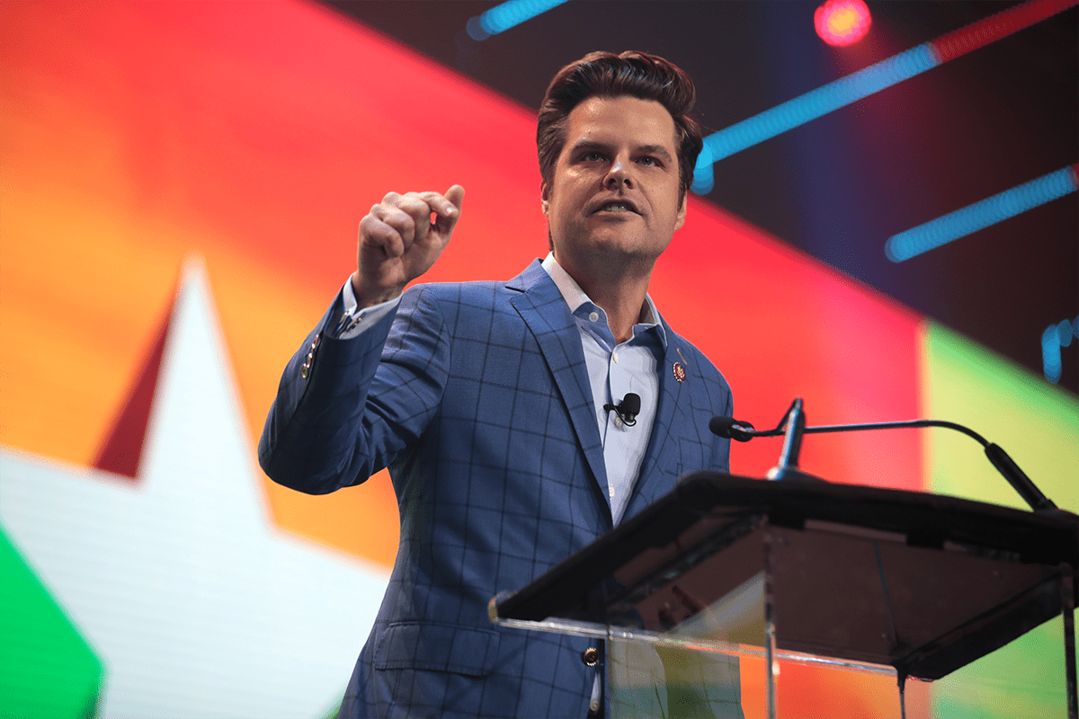 U.S. Congressman Matt Gaetz speaking with attendees at the 2020 Student Action Summit hosted by Turning Point USA at the Palm Beach County Convention Center in West Palm Beach, Florida (Gage Skidmore).