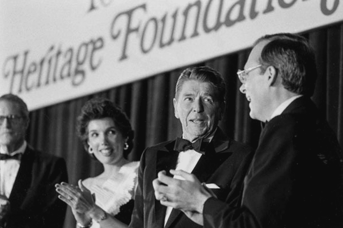 President Reagan and Heritage founder Ed Feulner (right) at the Heritage Foundation's 10th anniversary gala in 1983 (Heritage Foundation).