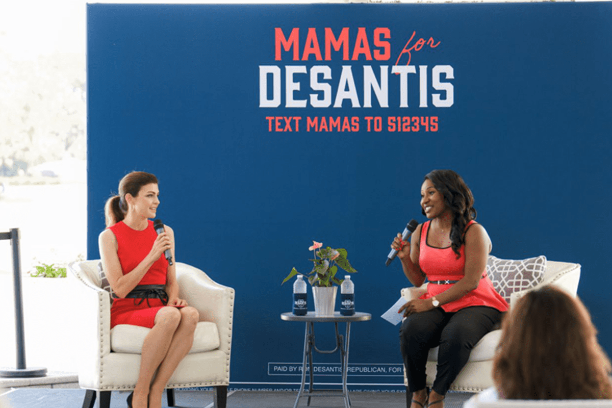 Florida First Lady Casey DeSantis speaks with Quisha King, a Jacksonville mom, at 'Mamas for DeSantis' event in Ponte Vedra, FL.