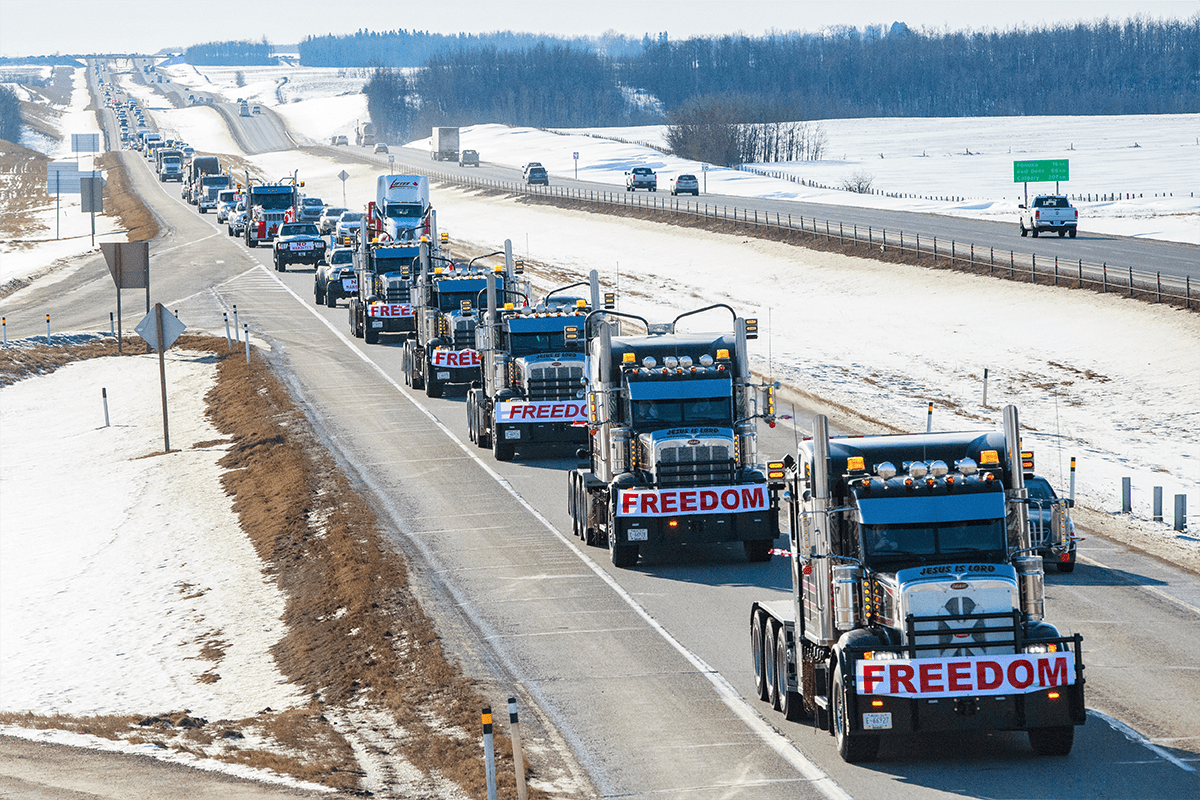 FREEDOM convoy taken in Central Alberta on their way to the Legislature Building in Edmonton (Naomi McKinney).