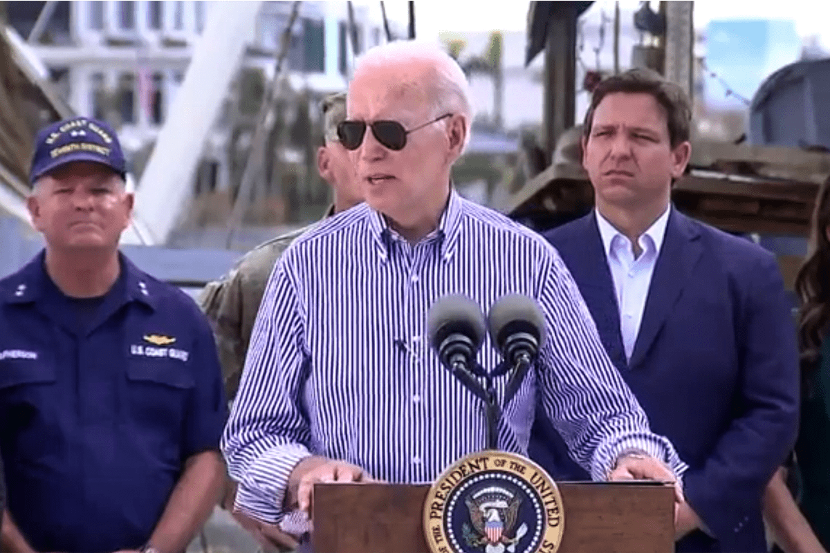 President Joe Biden and Gov. Ron DeSantis meet in Fort Myers to assess damage from Hurricane Ian, Oct. 5, 2022.