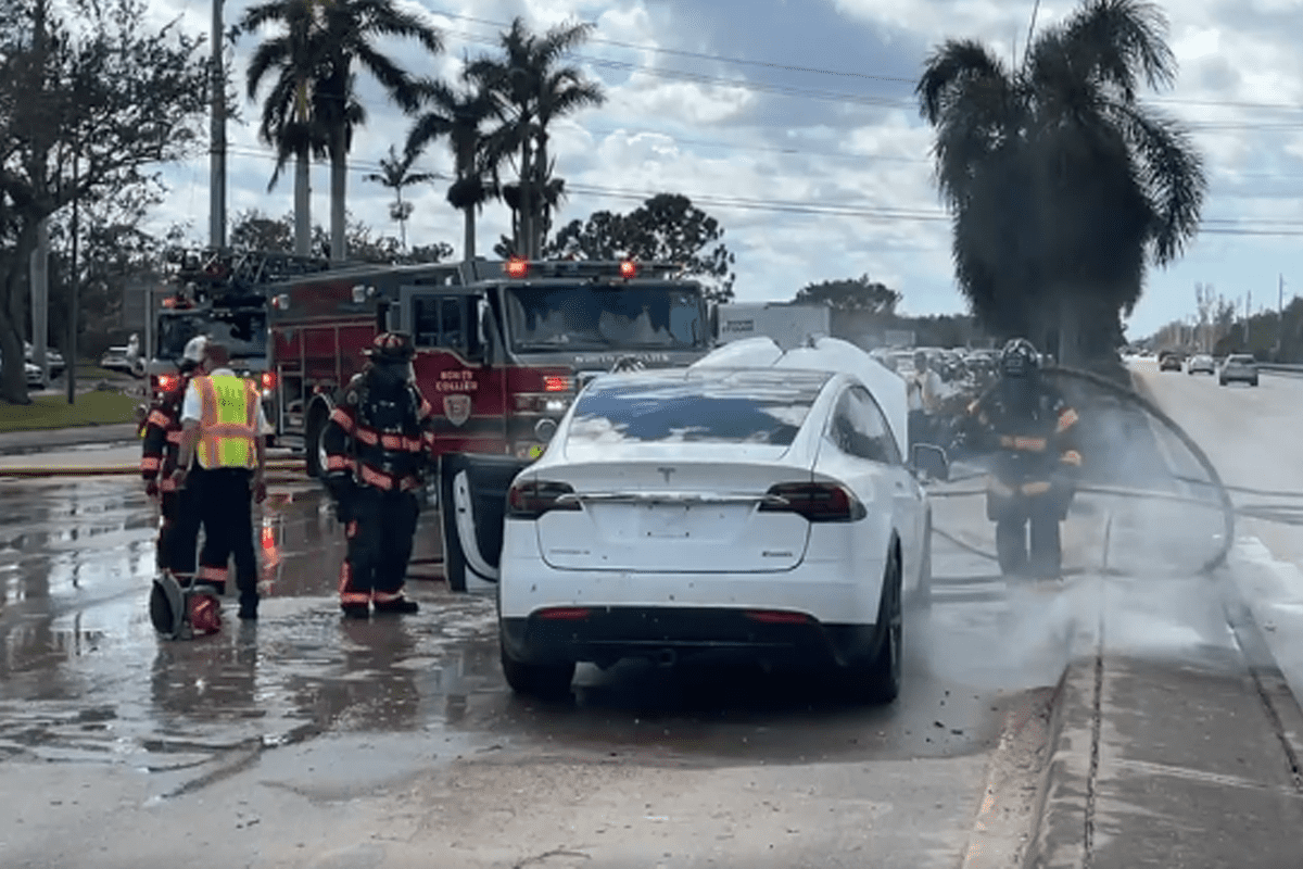 "New challenge" for Southwest Florida firefighters as Tesla vehicle catches fire from a corroded battery, Oct. 6, 2022.