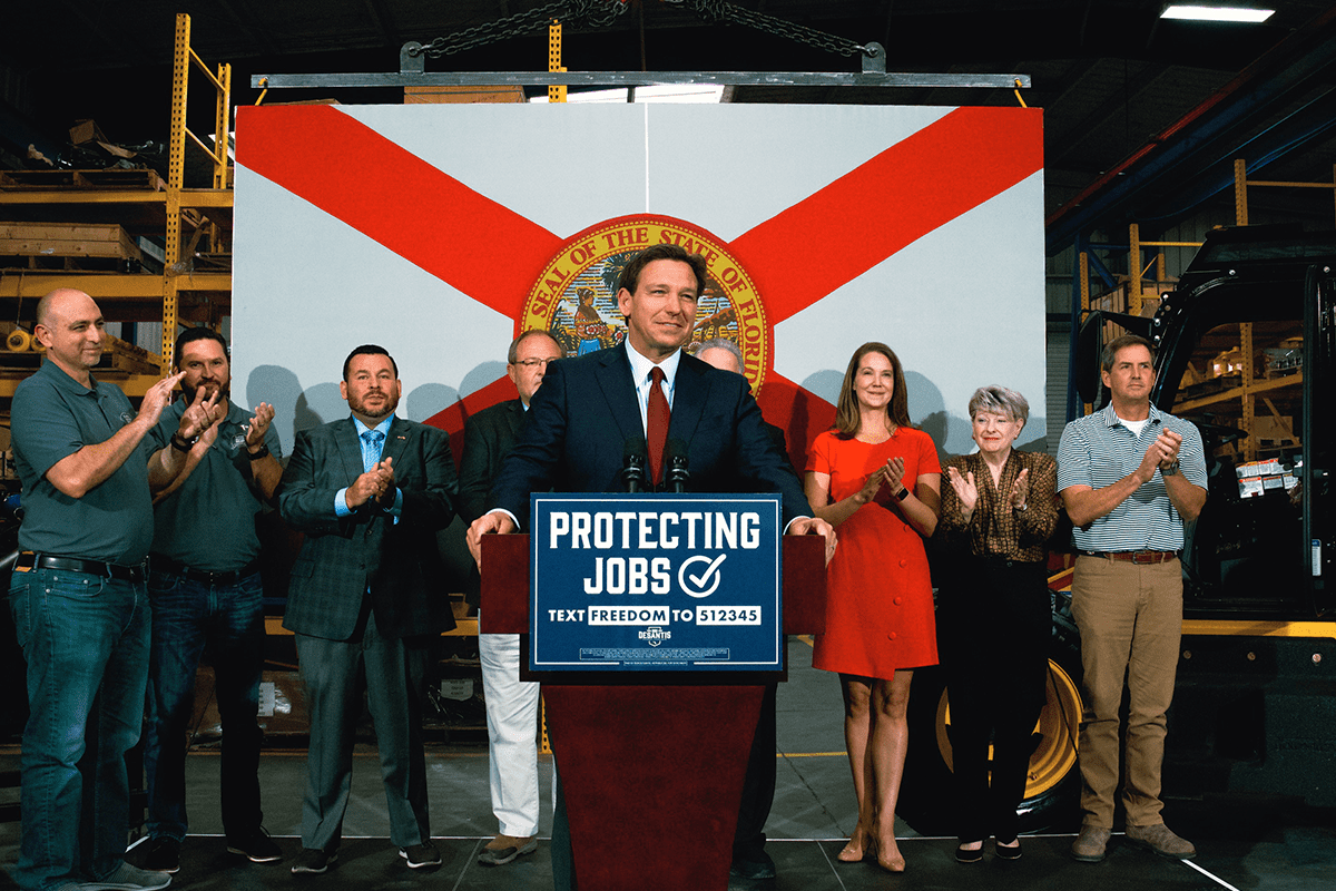 Gov. Ron DeSantis celebrates endorsement from four Florida job creation organizations in Tampa, Florida, Oct. 21, 2022.