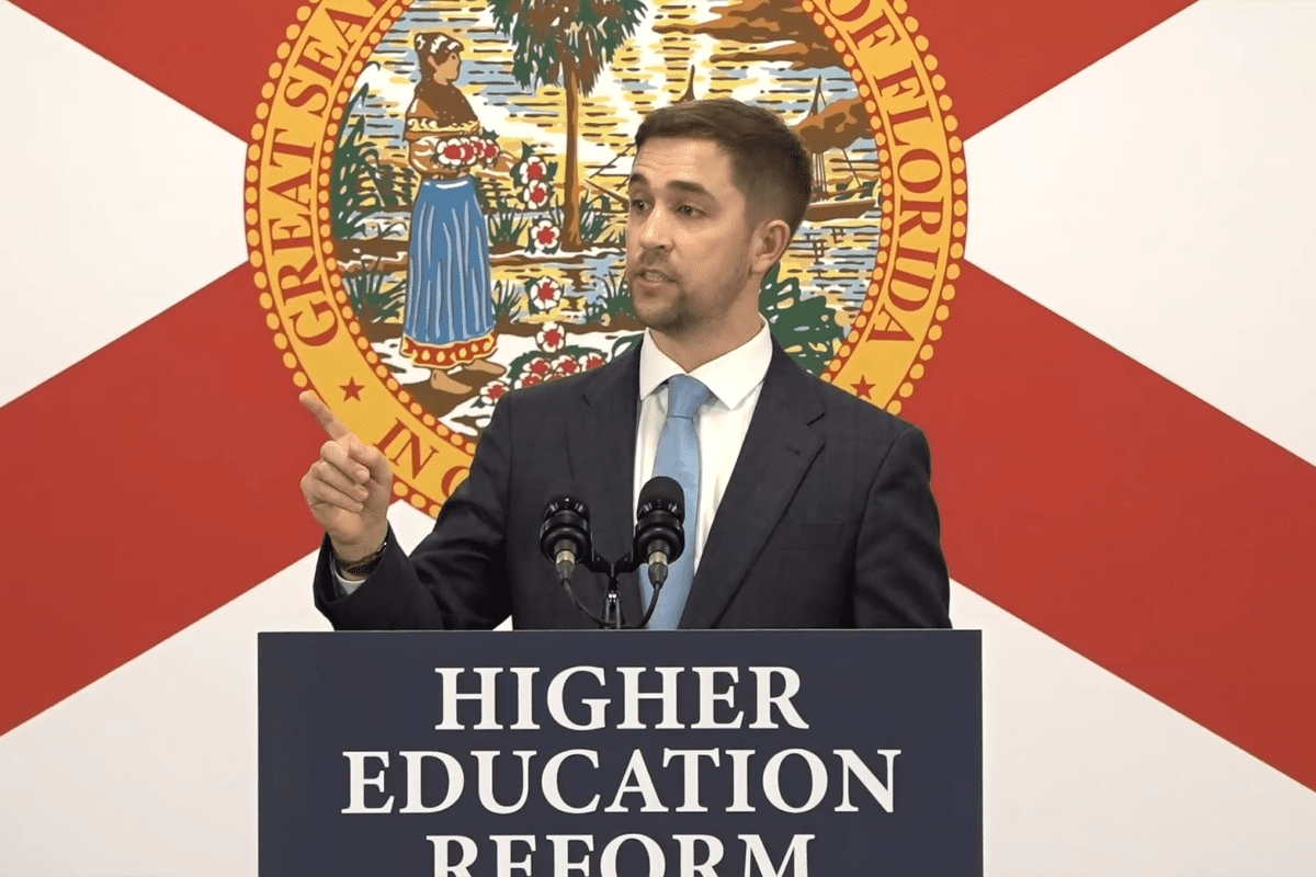 New College of Florida Board of Trustees member Christopher Rufo at Gov. Ron DeSantis' "Higher Education Reform" press conference, Bradenton, Fla., Jan. 31, 2023.