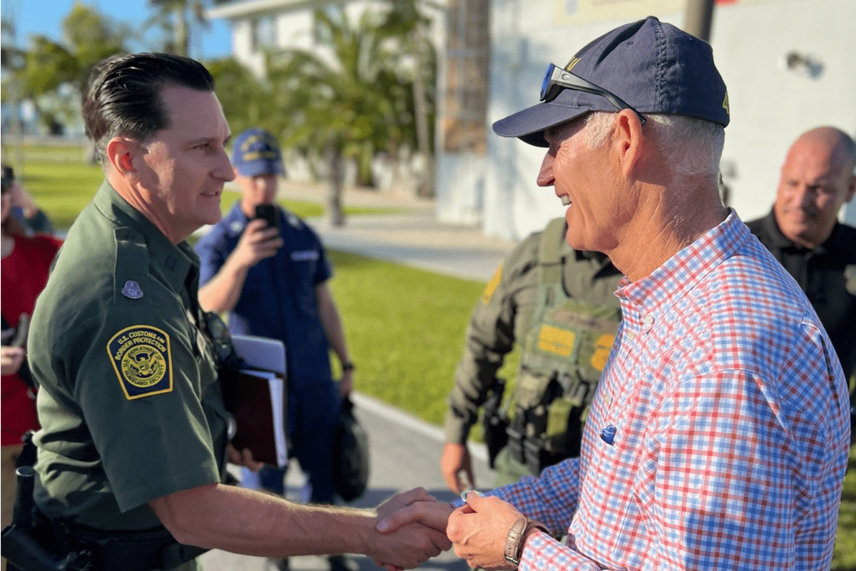 Sen. Rick Scott tours with the Florida Keys Sheriff's Office after migrants arrive, Jan. 19, 2023.