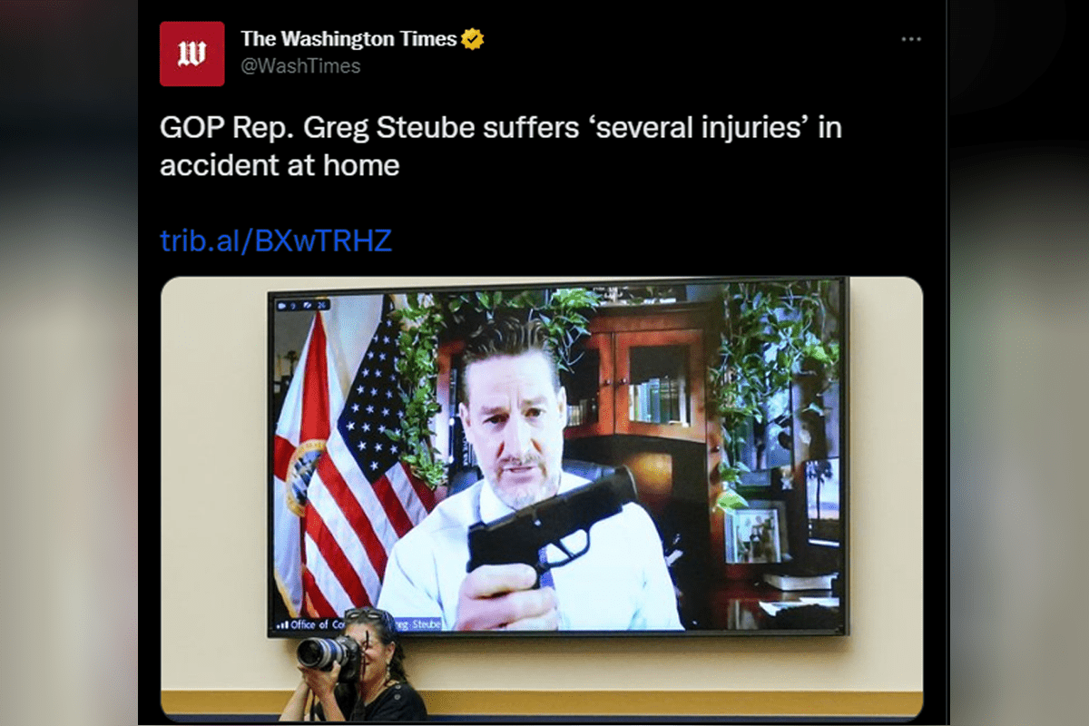 Washington Times' tweet under fire for image of Rep. Greg Steube holding a gun in report about fall accident, Jan. 18, 2023.