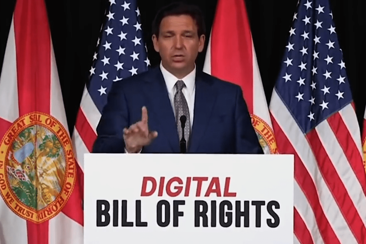 Gov. Ron DeSantis proposes "Digital Bill of Rights" in West Palm Beach, Fla., Feb. 15, 2023. 