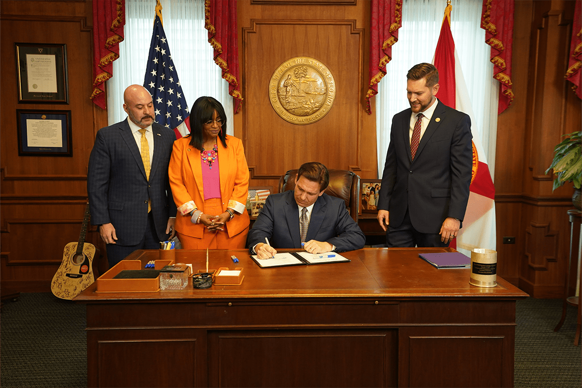 Gov. Ron DeSantis signs migrant transport legislation, Tallahassee, Fla., Feb. 15, 2023. (Photo/Gov. Ron DeSantis' office)