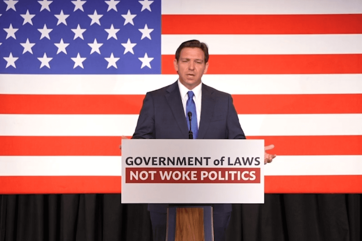 Gov. Ron DeSantis at a press conference in Naples, Fla., to announce a proposal aiming to combat the influence and usage of environmental, social, and corporate governance (ESG) in Florida, Feb. 13, 2023. (Video/Gov. Ron DeSantis' office)