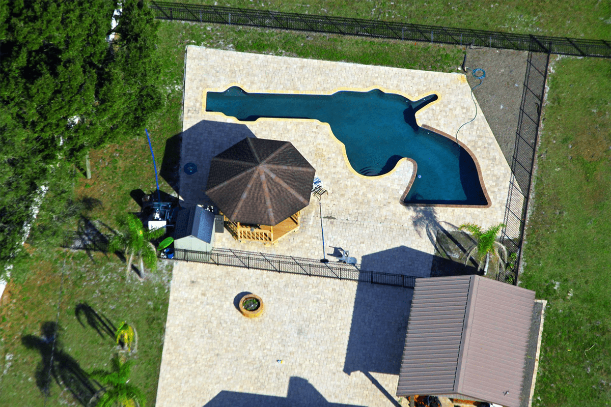 Louis and Raye Ellen Minardi have a gun shaped pool in the backyard of their Odessa, Fla., on Gunn Highway as seen in this aerial on Jan. 24, 2023. (Mary J. Whitworth/Contributed to Fresh Take Florida)