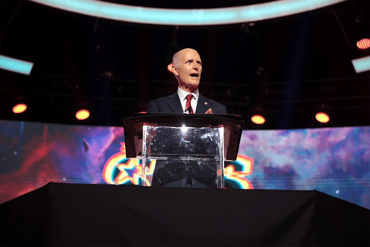 Sen. Rick Scott, R-FL, speaking with attendees at the 2022 Student Action Summit at the Tampa Convention Center in Tampa, Fla., Feb. 9, 2023. (Photo/Gage Skidmore)

