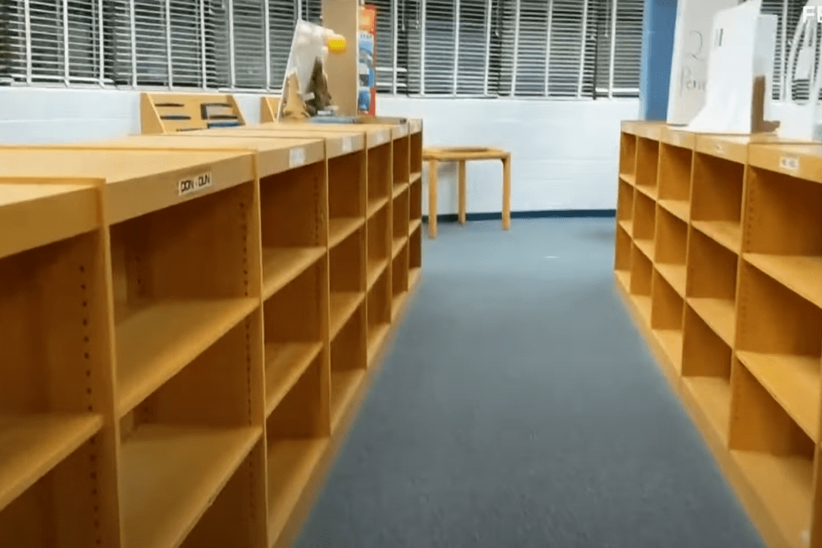 Viral video of empty book shelves in Duval County school, Feb. 6, 2023. (Video obtained via First Coast News)