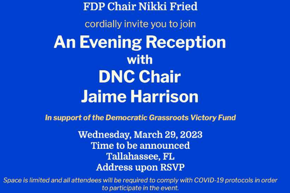 "An Evening Reception with DNC Chair Jaime Harrison," Tallahassee, Fla., March 29, 2023. (Photo/Florida GOP, Twitter)