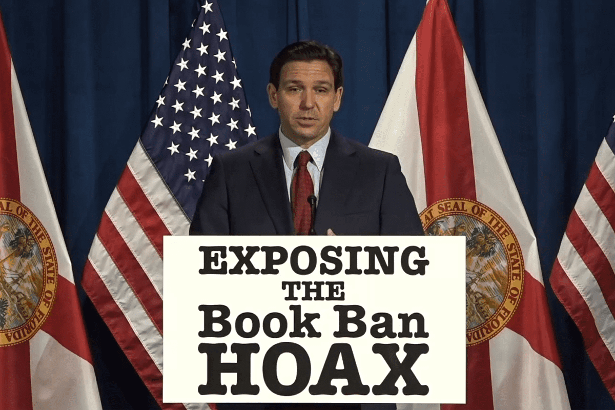 Gov. Ron DeSantis speaks at "exposing the book ban hoax" press conference in Tampa, Fla., March 8, 2023. (Video/Gov. Ron DeSantis' office)