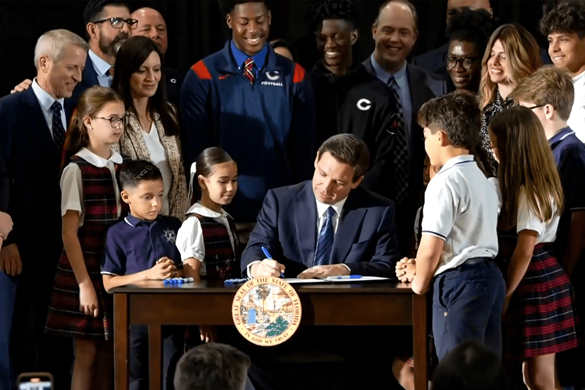 Gov. Ron DeSantis signs landmark school choice expansion in Miami, Fla., March 27, 2023. (Video/Gov. Ron DeSantis' office)