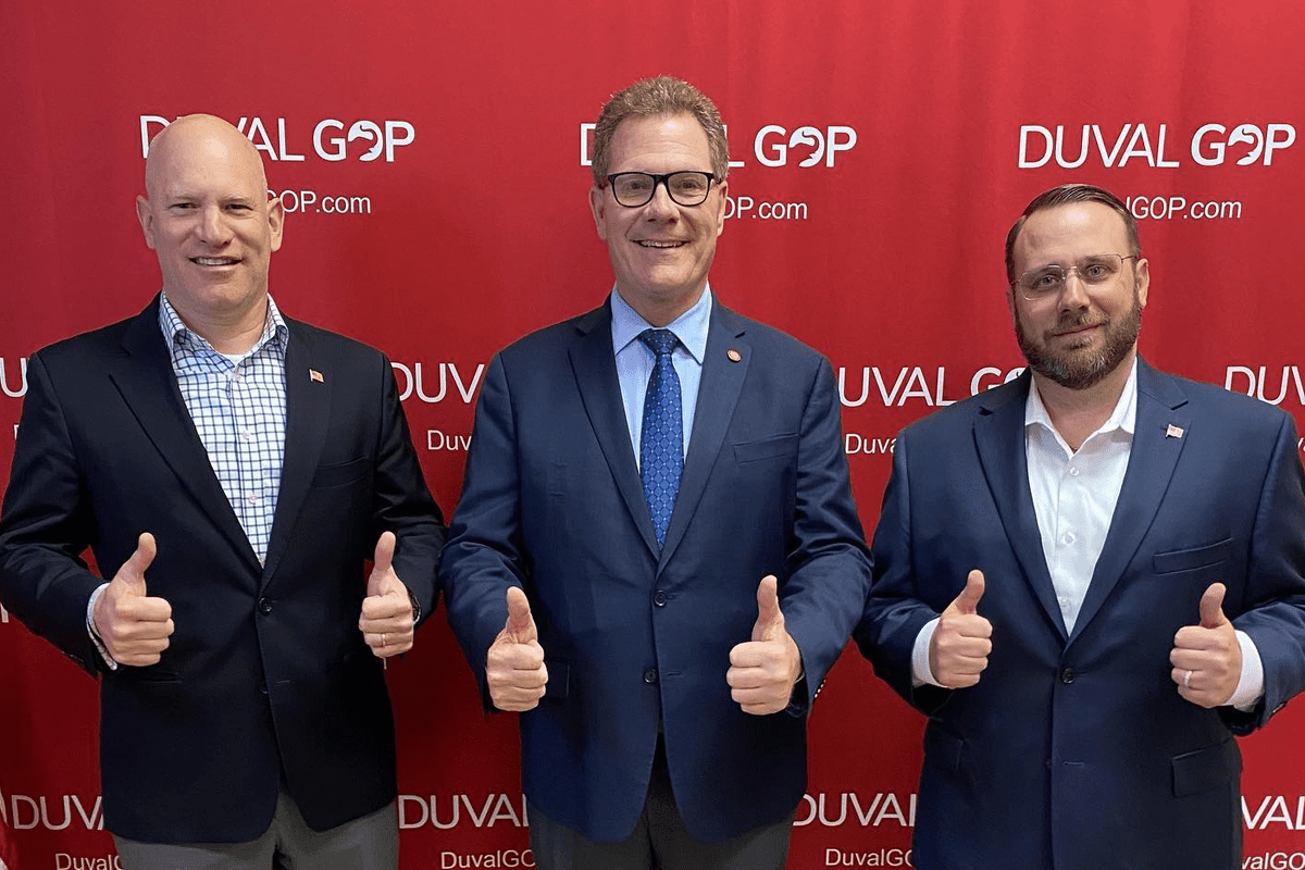Council members Nick Howland and Kevin Carrico with Duval GOP Chairman Dean Black, Jacksonville, Fla., March 4, 2023. (Photo/Republican Party of Duval County, Twitter)