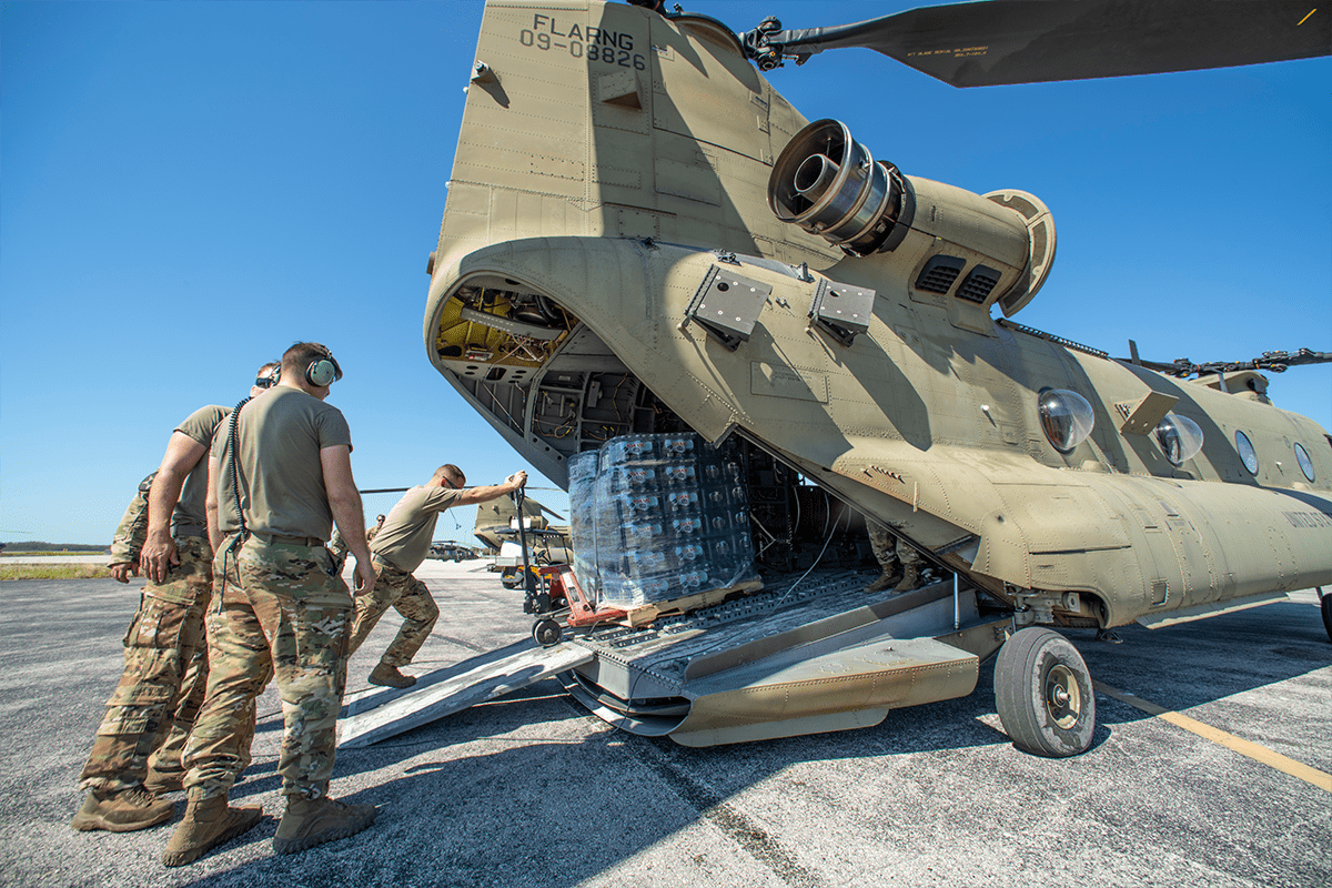 Florida Army National Guard Soldiers load a pallet of water into a Chinook helicopter in Fort Myers, Fla. on Oct. 3, 2022. (Photo/The National Guard)