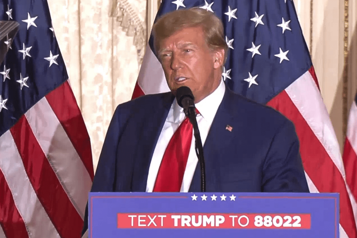 Former President Donald Trump delivers address after indictment at Mar-a-Lago in West Palm Beach, Fla., April 4, 2023. (Video/Donald J. Trump, Rumble)