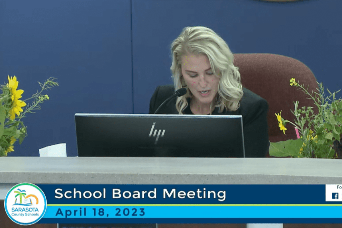 Sarasota County School Board Chair Bridget Ziegler at board meeting, Sarasota, Fla., April 18, 2023. (Video/Sarasota School Board)