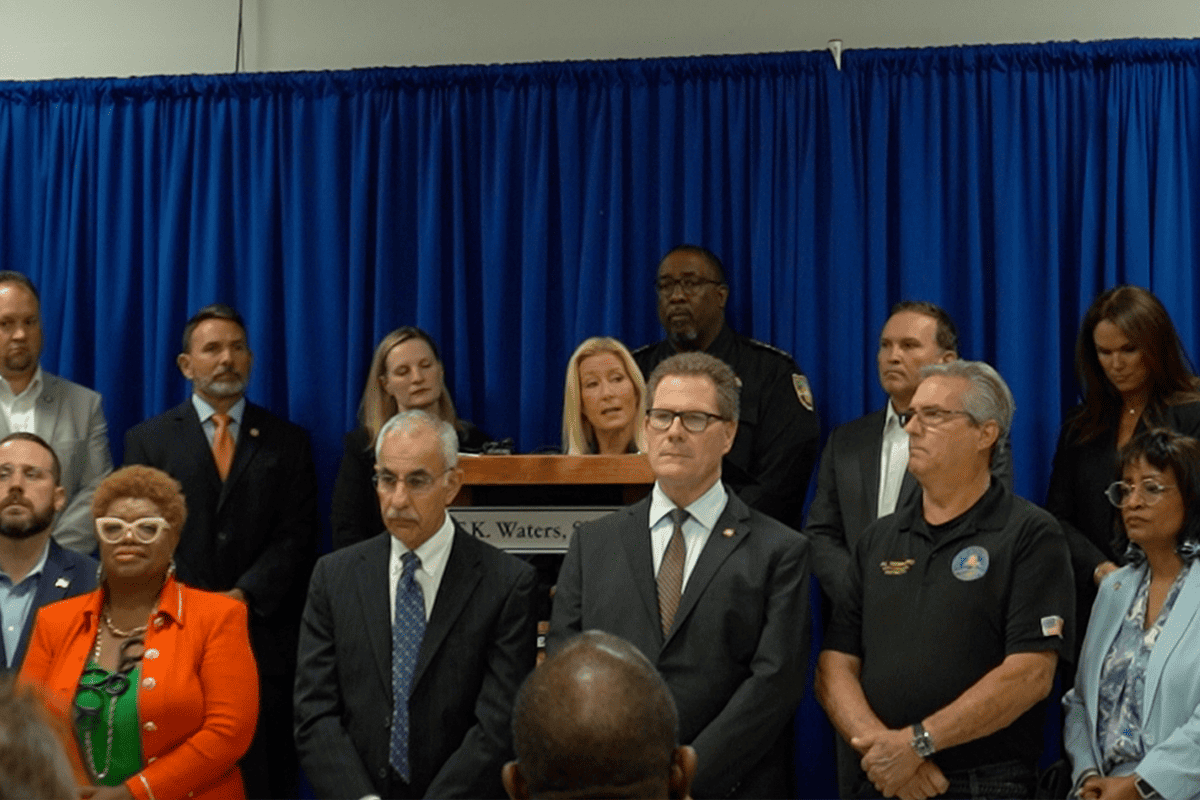 Jacksonville Sheriff T.K. Waters, Mayor-elect Donna Deegan, Jacksonville city council members, FBI and law enforcement officials hold press conference to condemn violence against law enforcement in Jacksonville, Fla., May 24, 2023. (Photo/Florida's Voice)
