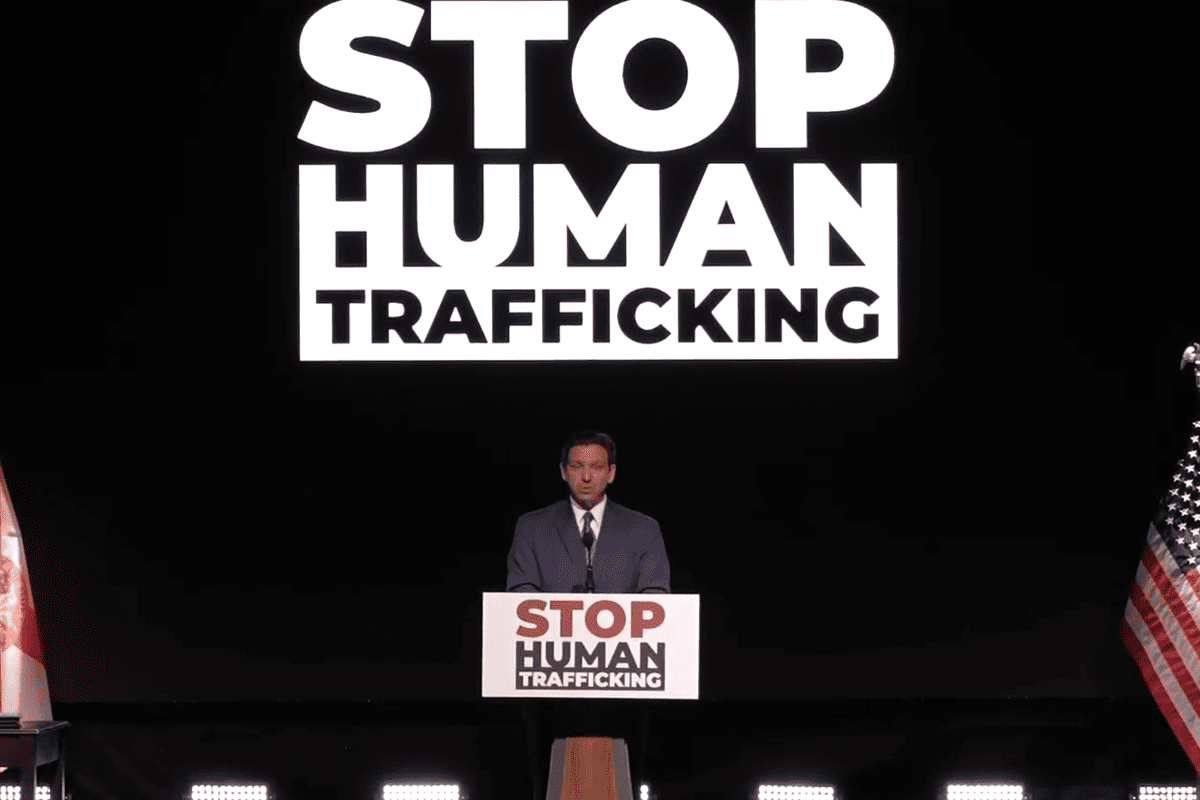 Gov. Ron DeSantis announces anti-human trafficking legislation, Lighthouse Point, Fla., May 16, 2023. (Video/Gov. Ron DeSantis' office)