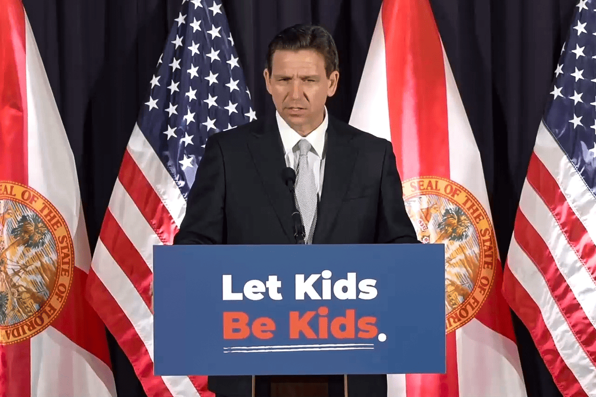 Gov. Ron DeSantis announces legislation to "let kids be kids," Tampa, Fla., May 17, 2023. (Video/Gov. Ron DeSantis' office)