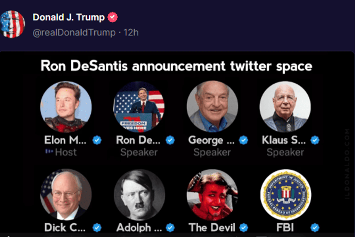 "Ron DeSantis announcement twitter space" satirical deepfake video, May 24, 2023. (Video/Donald Trump, TRUTH Social)