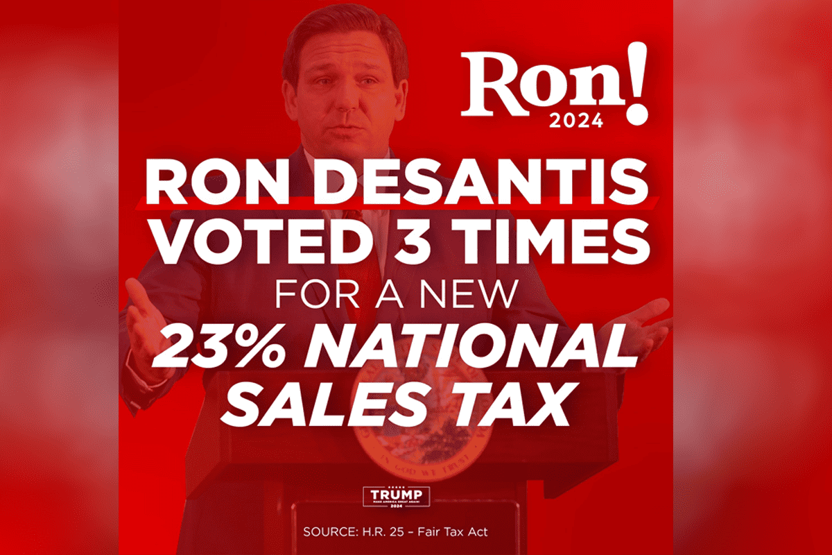 Graphic from Team Trump hitting Gov. Ron DeSantis over previous support for national sales tax in place of an income tax, May 24, 2023. (Image/Team Trump, Twitter)