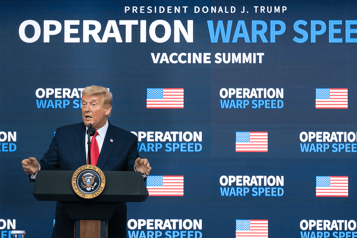 Former President Donald Trump delivers remarks at the Operation Warp Speed Vaccine Summit Tuesday, Dec. 8, 2020, in the South Court Auditorium at the Eisenhower Executive Office Building at the White House, Washington, D.C. (Photo/Trump White House Archived, Flickr)