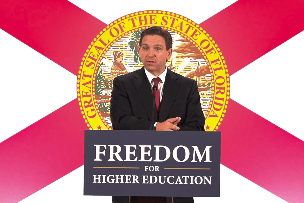 Gov. Ron DeSantis sues the Biden administration over stonewalling state universities from changing accreditors, Tampa, Fla., June 22, 2023. (Video/Gov. Ron DeSantis' office)