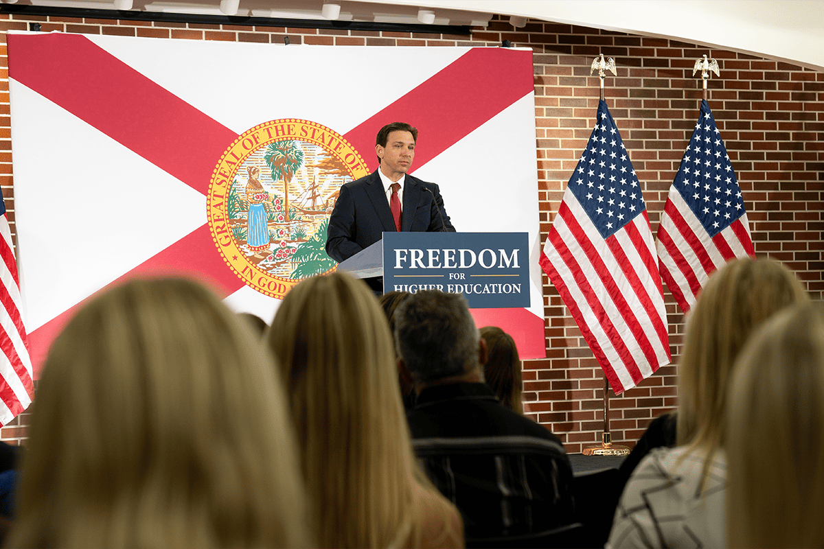 Gov. Ron DeSantis sues the Biden administration over stonewalling state universities from changing accreditors, Tampa, Fla., June 22, 2023. (Photo/Gov. Ron DeSantis' office)