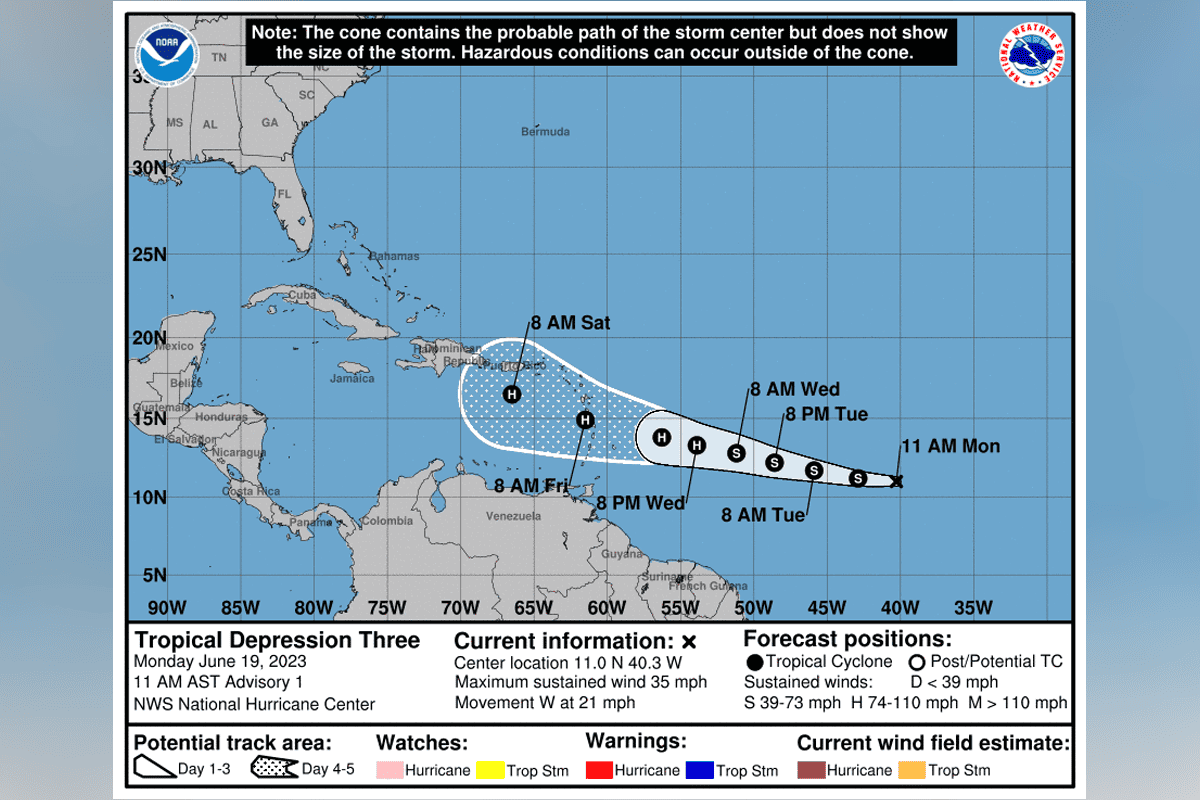 Coastal Watches/Warnings and Forecast Cone for Storm Center, June 19, 2023. Tropical Depression Three formed in the Atlantic Ocean Monday morning. (Image/National Hurricane Center)