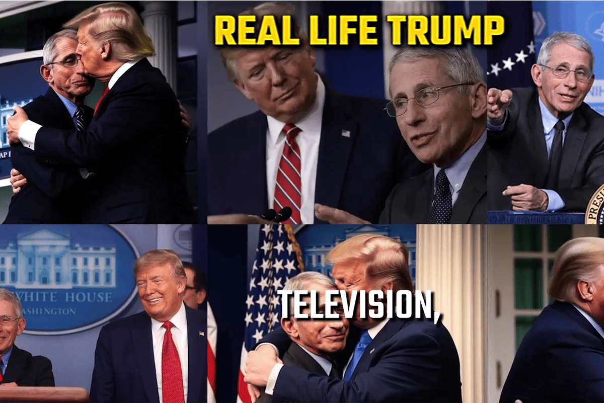 Ad slamming former President Donald Trump from Gov. Ron DeSantis' campaign over Dr. Anthony Fauci includes AI-generated imagery, June 5, 2023. (Video/DeSantis War Room, Twitter)