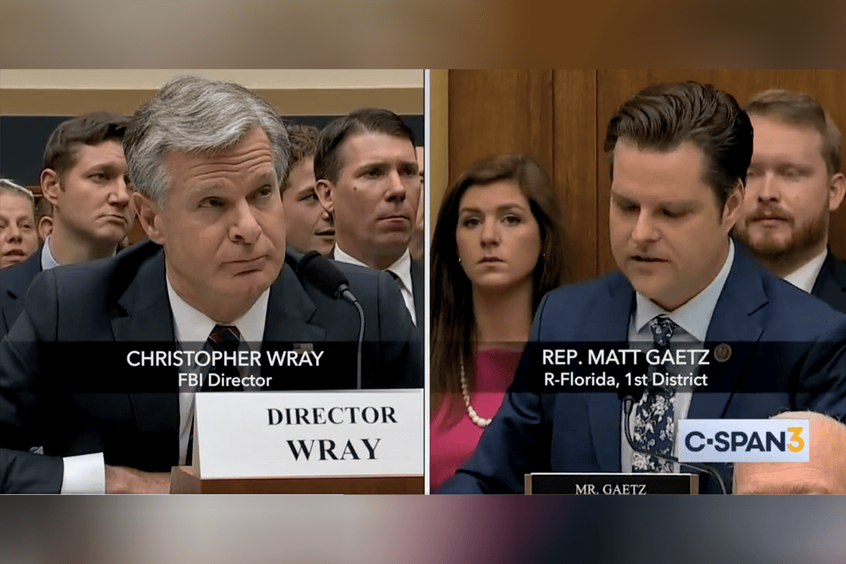 FBI Director Christopher Wray and U.S. Rep. Matt Gaetz, R-Fla., Washington, D.C., July 12, 2023. (Video/C-Span)
