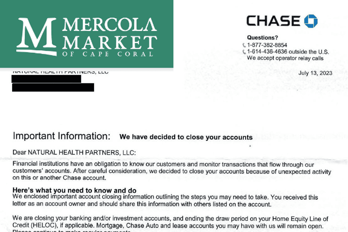 Chase bank cancellation letter to Natural Health Partners.