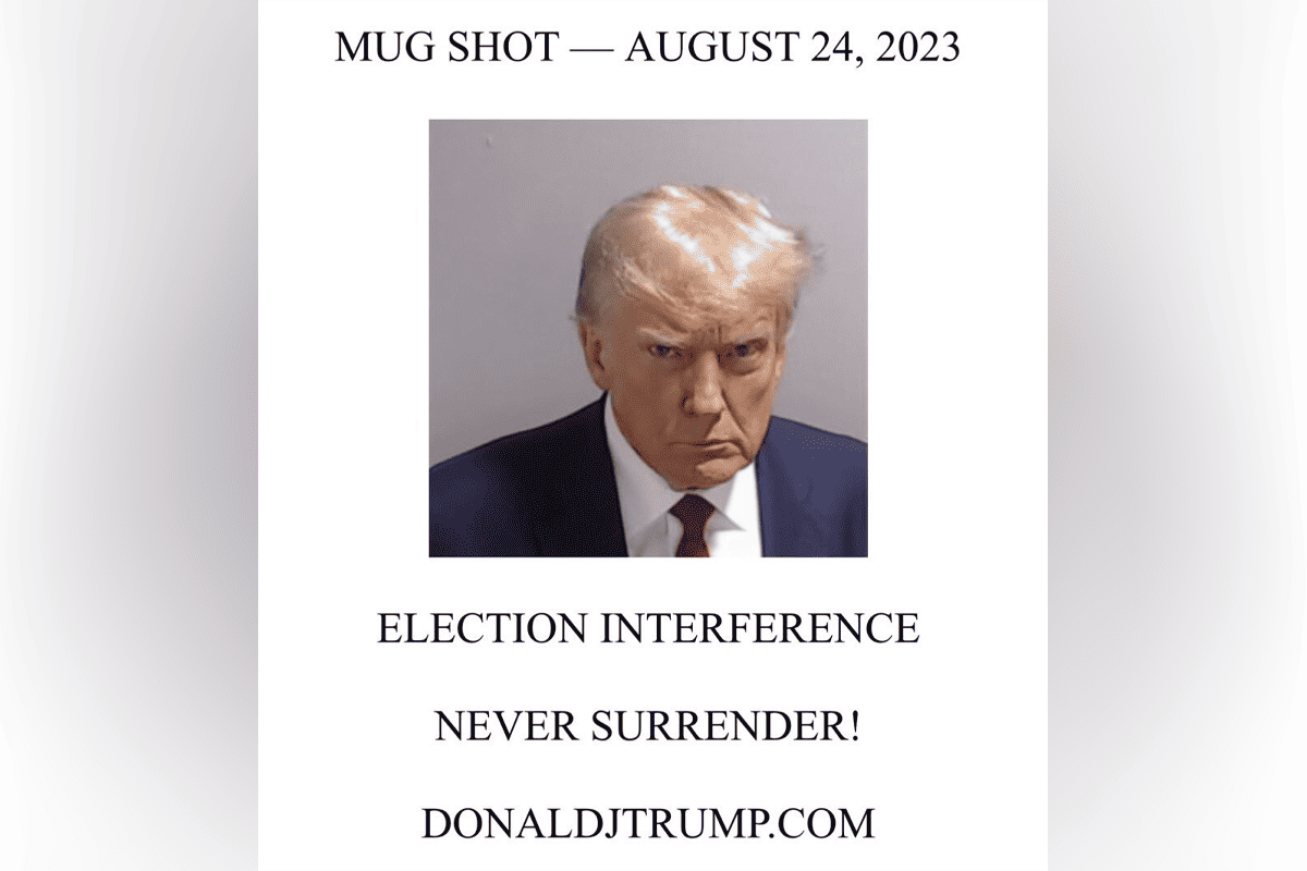 Former President Donald Trump's mug shot and first post back to X, formerly Twitter, Aug. 24, 2023. (Image/Donald J. Trump, X)