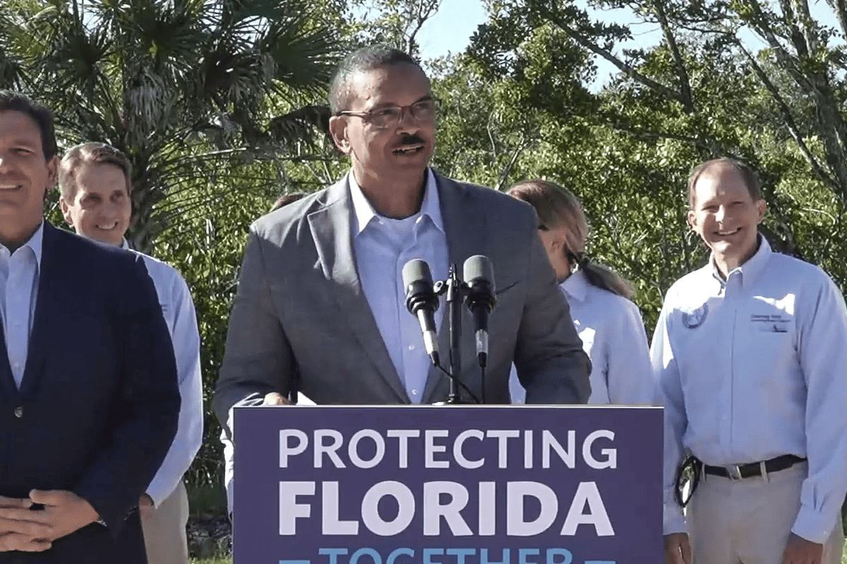 Florida Department of Environmental Protection Secretary Shawn Hamilton appears at budget announcement with Gov. Ron DeSantis in Naples, Fla., 2022 (Video/Gov. Ron DeSantis)
