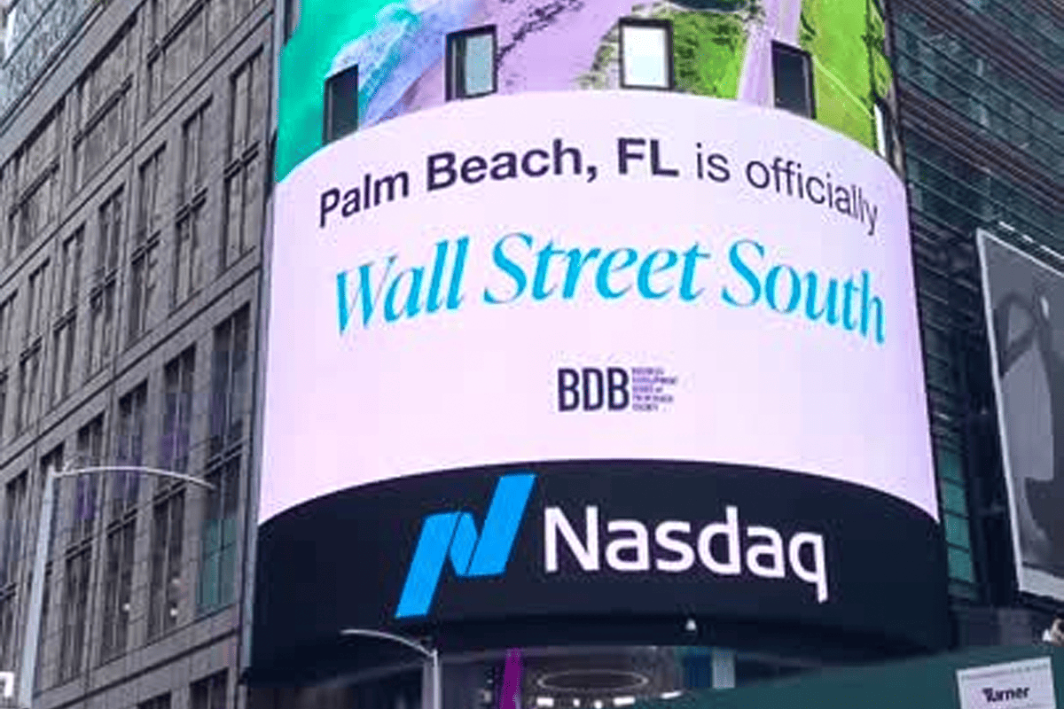 Palm Beach Florida Wall Street South billboard in Times Square, New York. (Video/Business Development Board of Palm Beach County, Inc.)