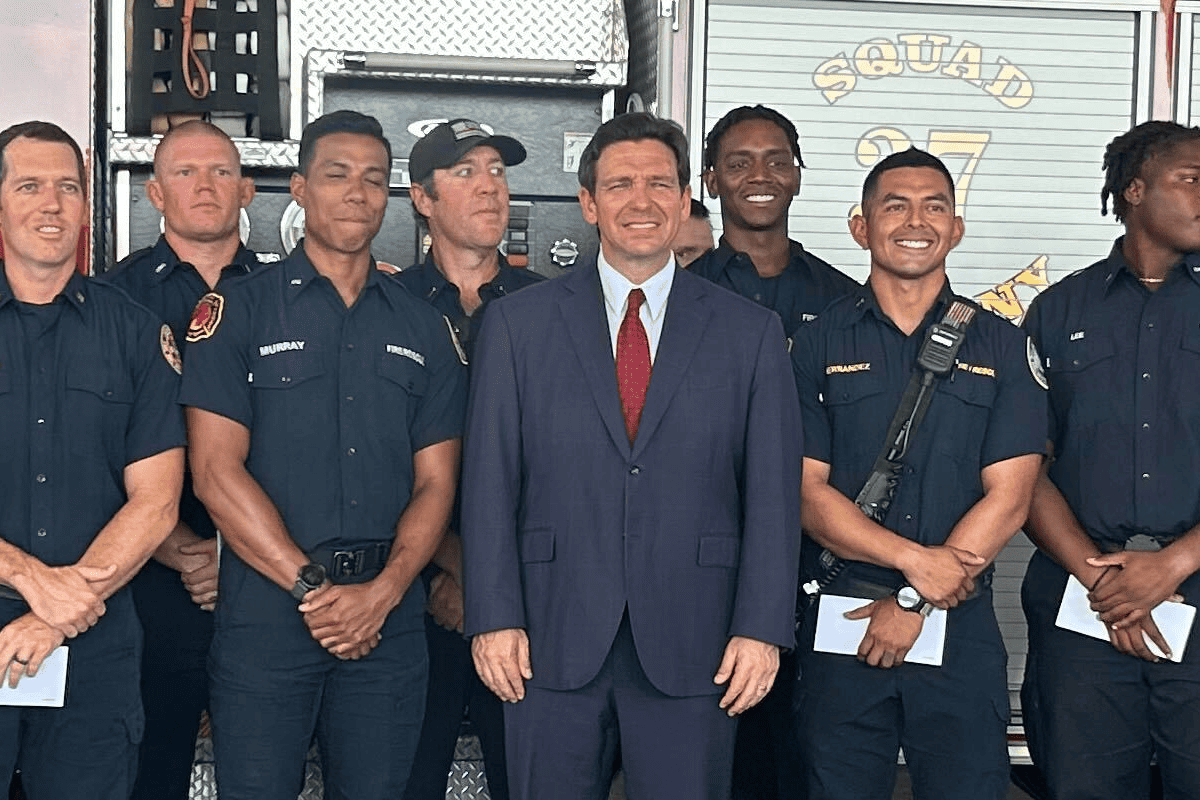Gov. Ron DeSantis awards first responder bonuses in Jacksonville, Fla., Sept. 18, 2023. (Video/Gov. Ron DeSantis' office)