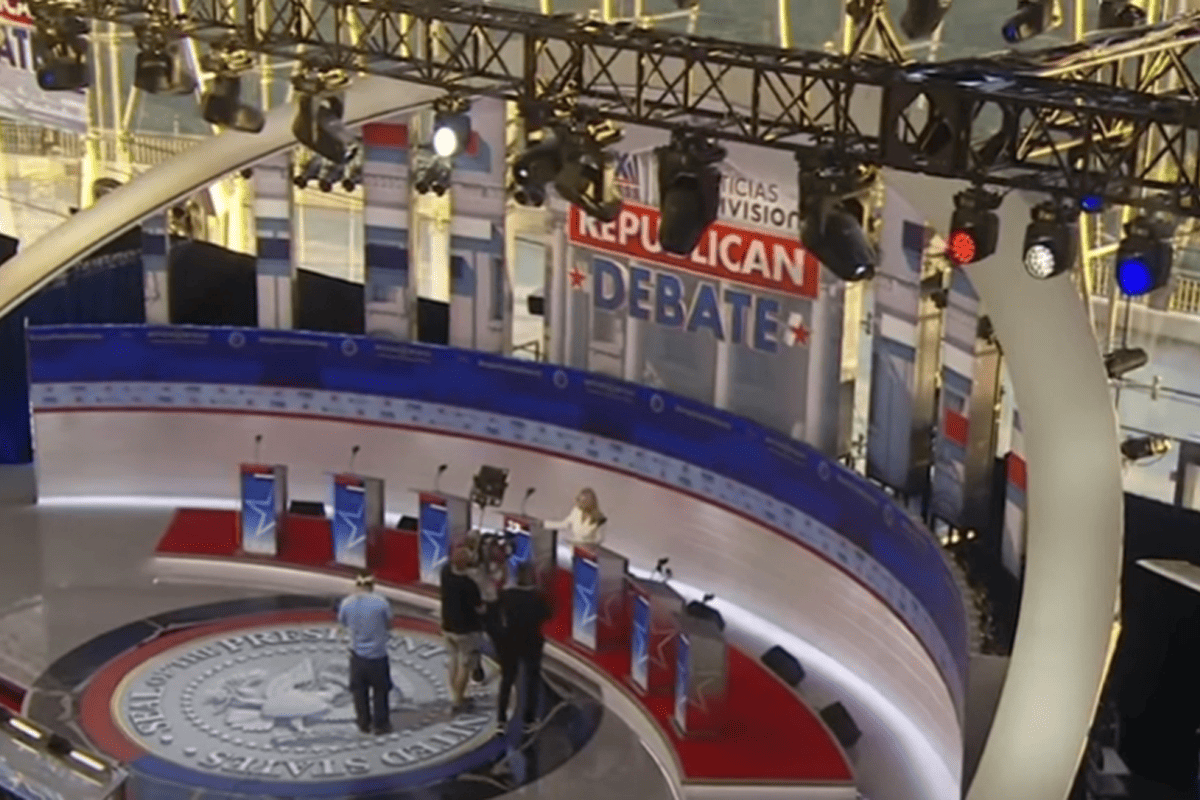 The stage for the second Republican Party presidential primary debate to be hosted by Fox News, Simi Valley, Calif., Sept. 26, 2023. (Video/Fox News)