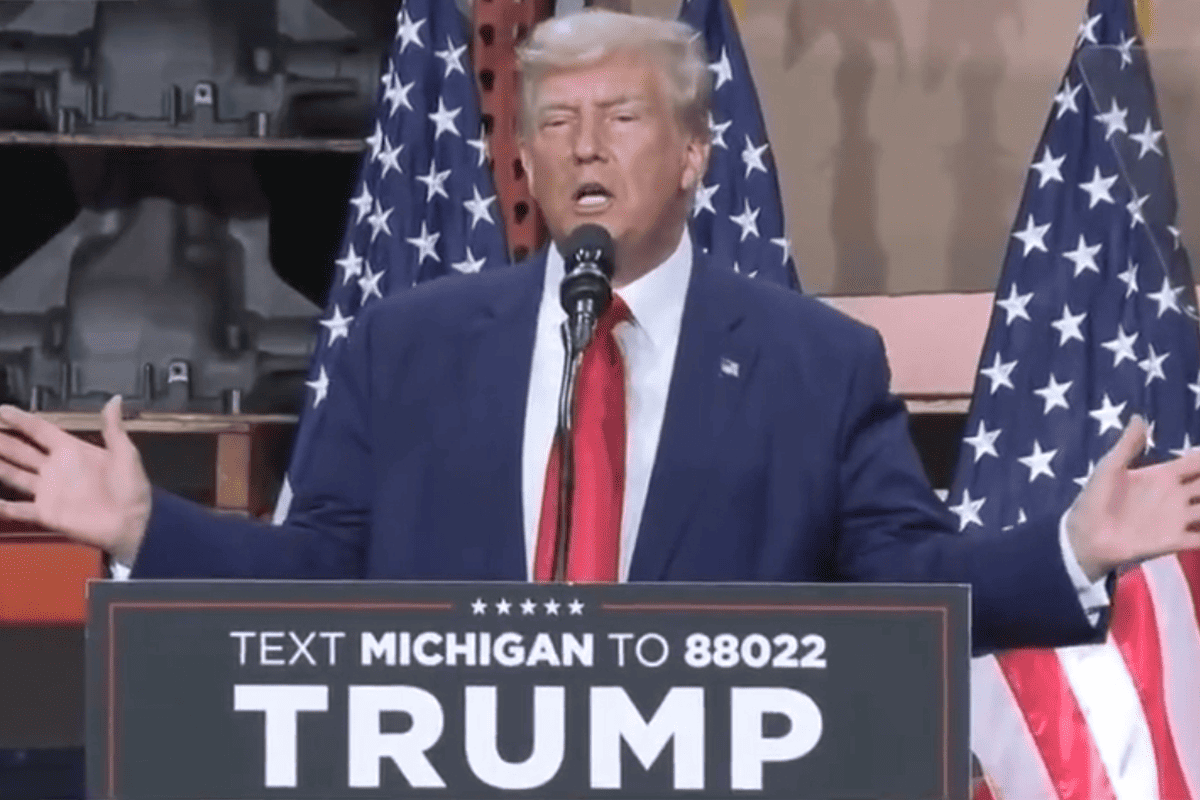 Former President Donald Trump speaks to autoworkers in Clinton Township, Mich., Sept. 27, 2023. (Video/RSBN)