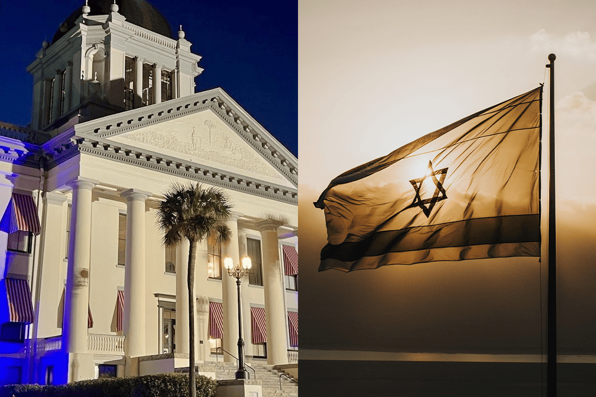 The Florida Capitol building in Tallahassee, Fla., and the Israel flag. (Photos/Gov. Ron DeSantis' office; Cole Keister, Unsplash)