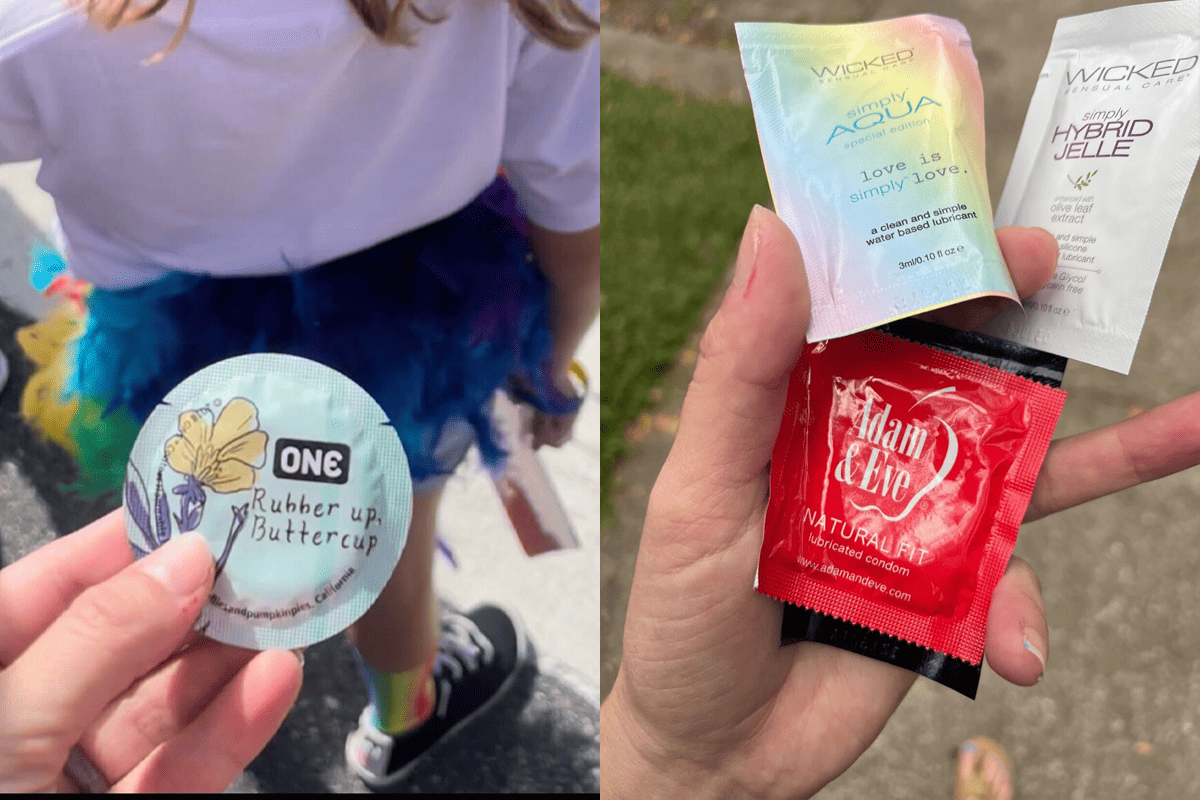 Left: Photos of condoms, lube distributed at Pride Festival in Jacksonville. Right: Photo of condom thrown at children at Pride Parade in Jacksonville, Oct. 7, 8, 2023. (Photo/ Amber Jo Cooper)
