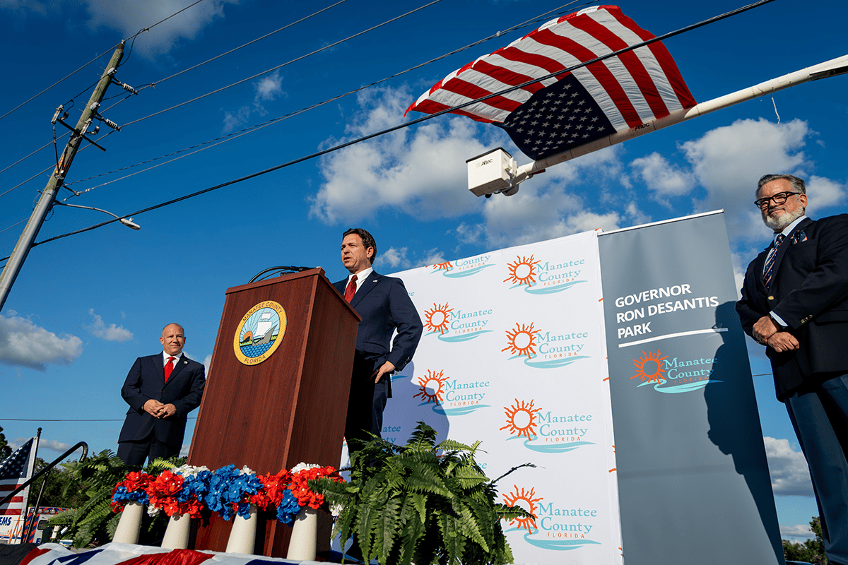 Gov. Ron DeSantis at the unveiling of "Governor Ron DeSantis Park" in Sarasota, Fla., Oct. 18, 2023. (Photo/Manatee County)