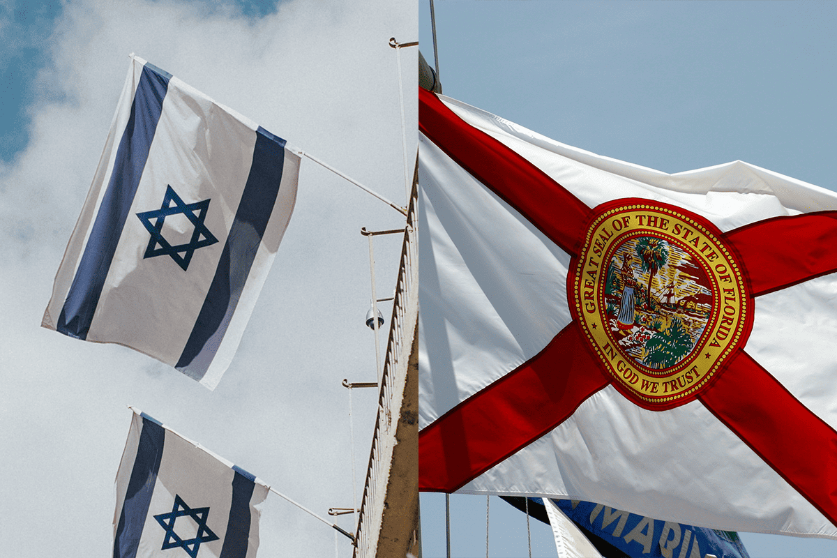 The flags of Israel and Florida. (Photos/Cole Keister, Unsplash; Karl Callwood, Unsplash)