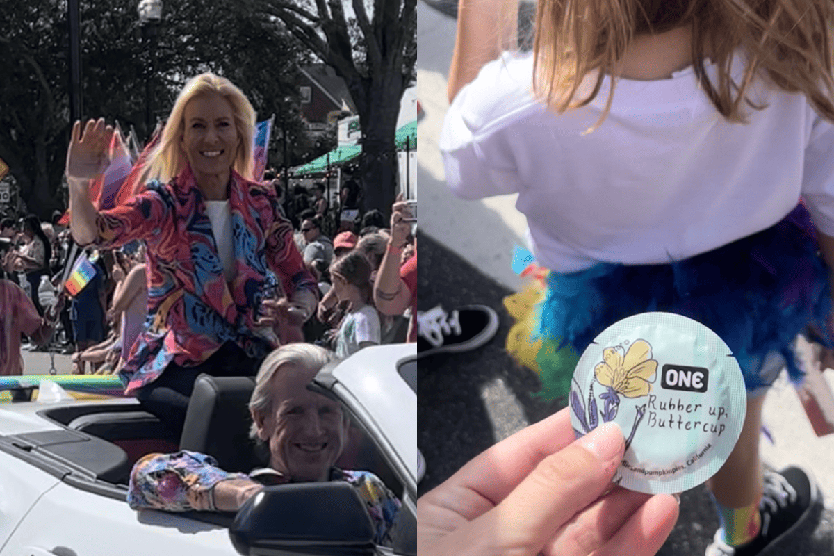 Jacksonville Mayor Donna Deegan at a pride parade with condoms present (right), Oct. 8, 2023. (Photos/Florida’s Voice)